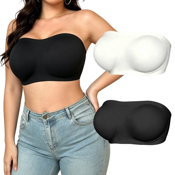 BWASD Strapless Bra Summer Large Plus Size Racerback Wireless Non-Slip Bandeau No Underwire Breathable Padded Tube Top Push Up Jelly Bra (Black 2XL)