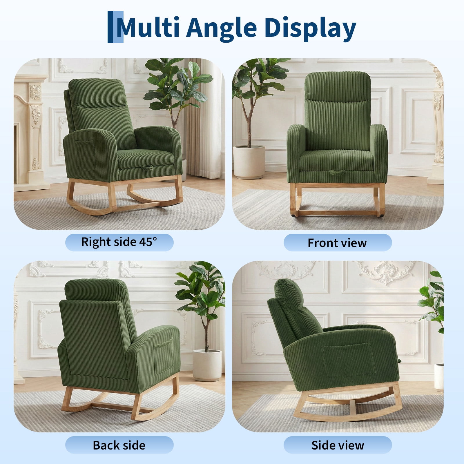 Nursery Rocking Chair with Footrest,Upholstered Glider Rocker with Side Pocket, USB Charging Port & Wood Legs, High Back Nursing Chair for Living Room & Bedroom