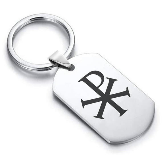 Stainless Steel Religious Chi Rho Dog Tag Keychain Circle Ring