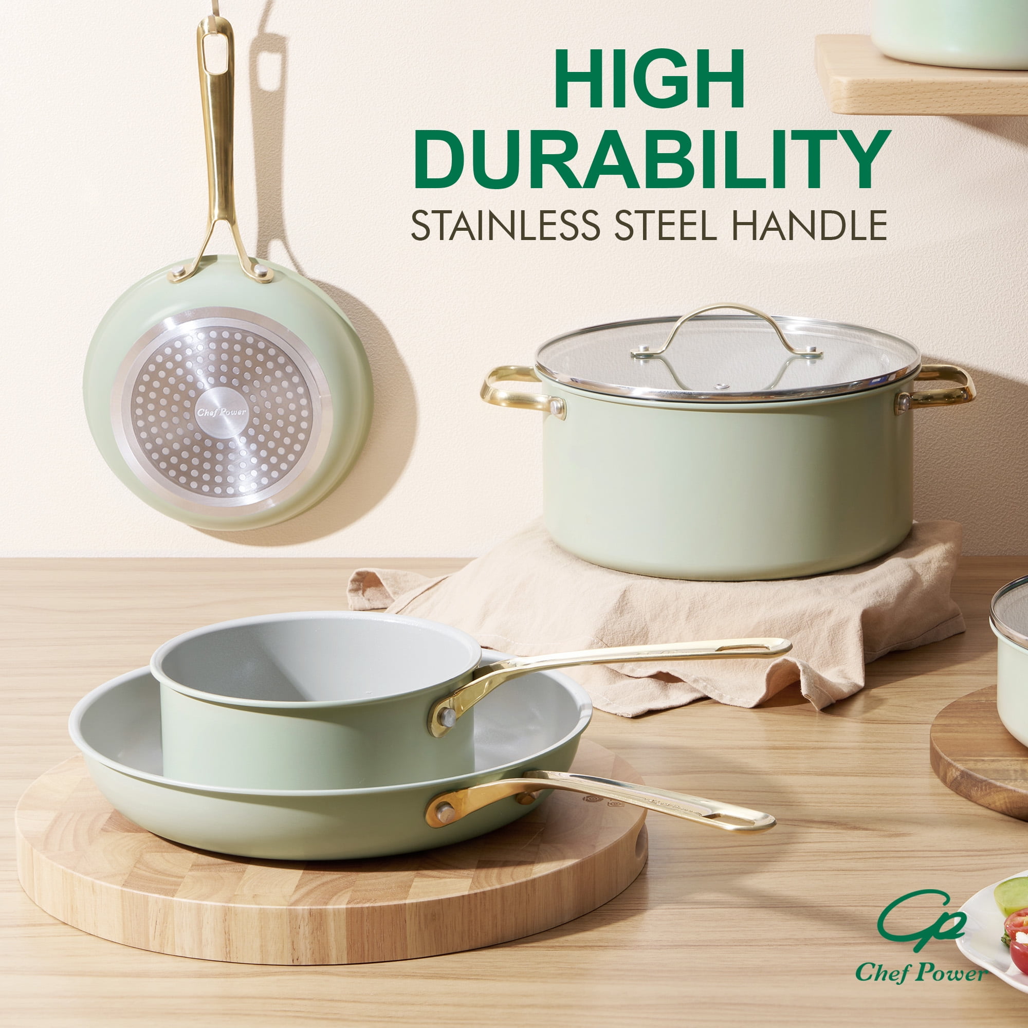Chef Power 7 Pcs Ceramic Cookware Sets, Non-Stick Pots and Pans Set with Stainless Steel Handles, Dishwasher and Oven Safe, Sage Green with Light Gold Handles