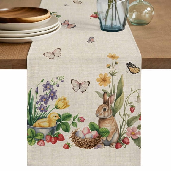 Table Runner 72 Inches Long for Kitchen Dining, Spring Easter Dresser Scarf Farmhouse, Dining Table Decorations for Wedding/Parties, Country Bunny Chick Floral Butterflies Burlap 13 x 72 In