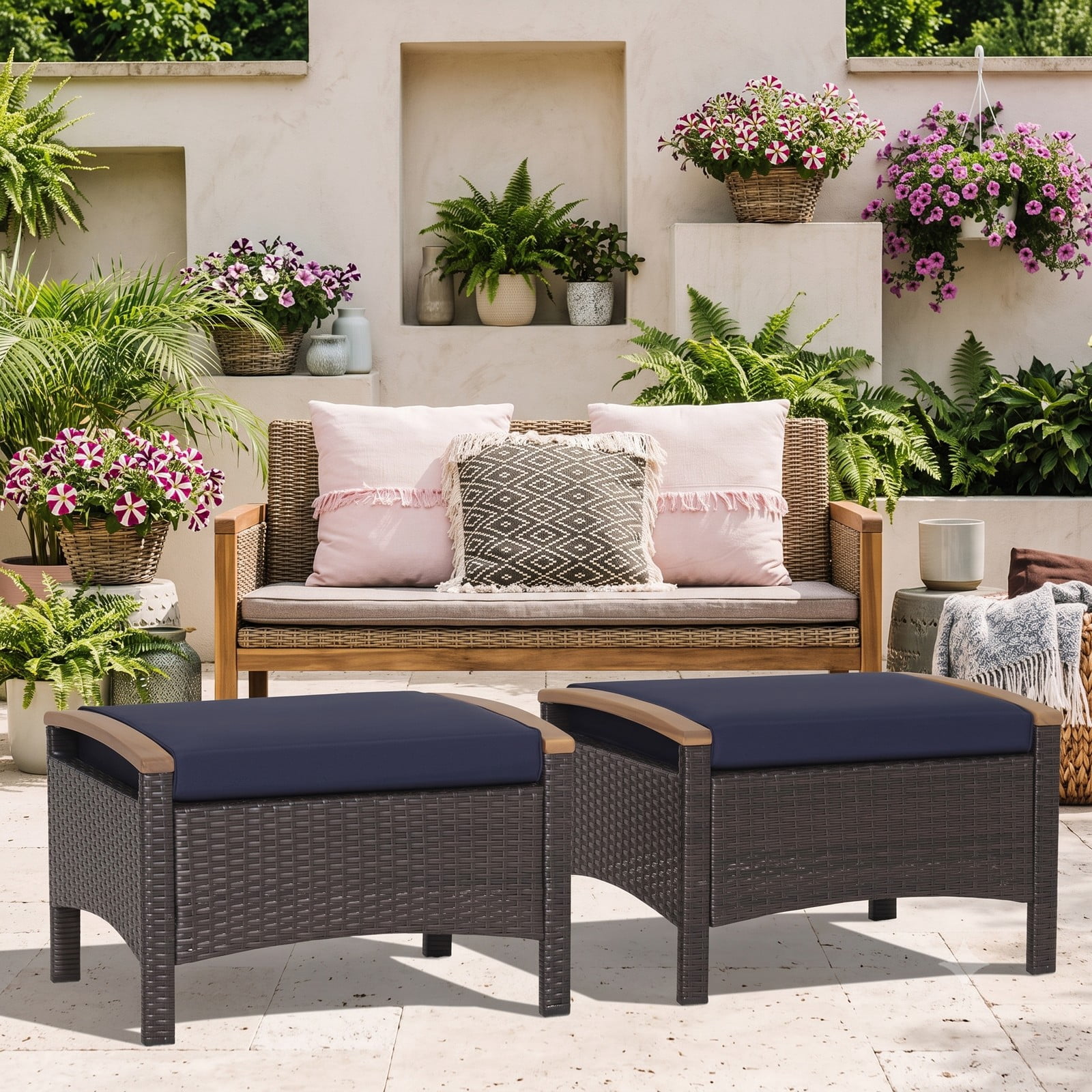 Furnibear Set of 2 Fade-Resistant PE Wicker Patio Ottomans with Cushions and Wood Handles for Outdoor Foot Rest and Extra Seating, Navy