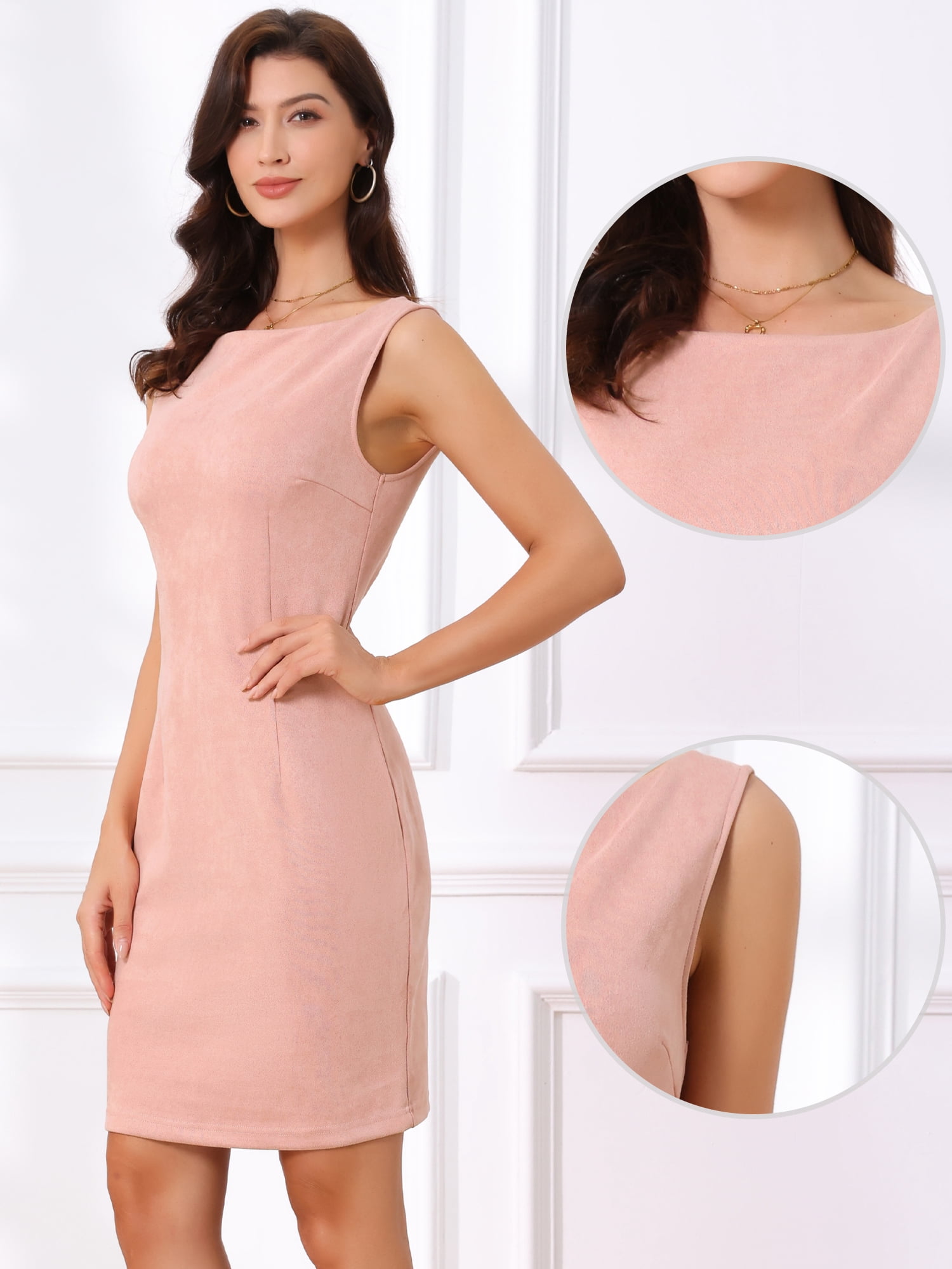 DARING DIVA Faux Suede Boat Neck Sleeveless Sheath Dress M Pink