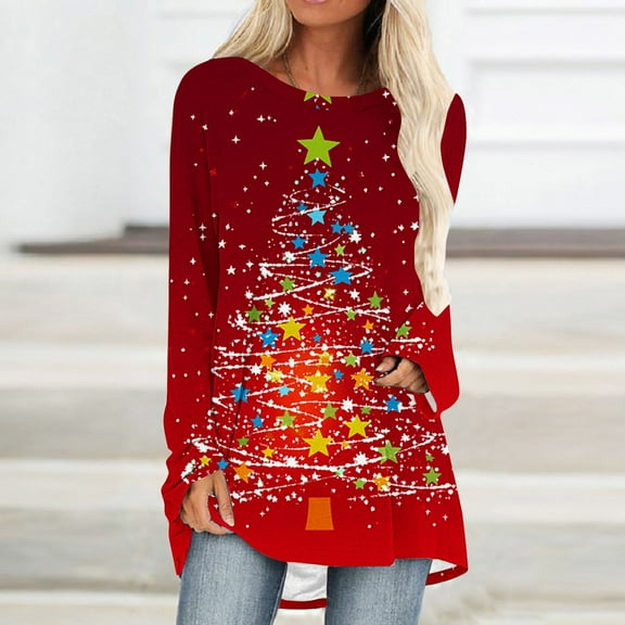 Womens Tops Long Sleeve Round Neck Christmas Printed Pullover Loose Blouse Casual Printed Shirts Tops Blouse for Women Multicolor S