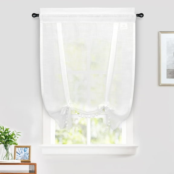 DriftAway Solid Color Linen Textured Slub Sheer with Pom Pom Trim Tie Up Decorative Adjustable Balloon Rod Pocket Window Curtains for Small Window 31" x 47" White