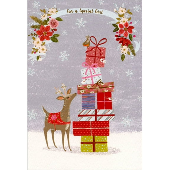 Pictura Deer with Stack of Presents Christmas Card for Special Girl