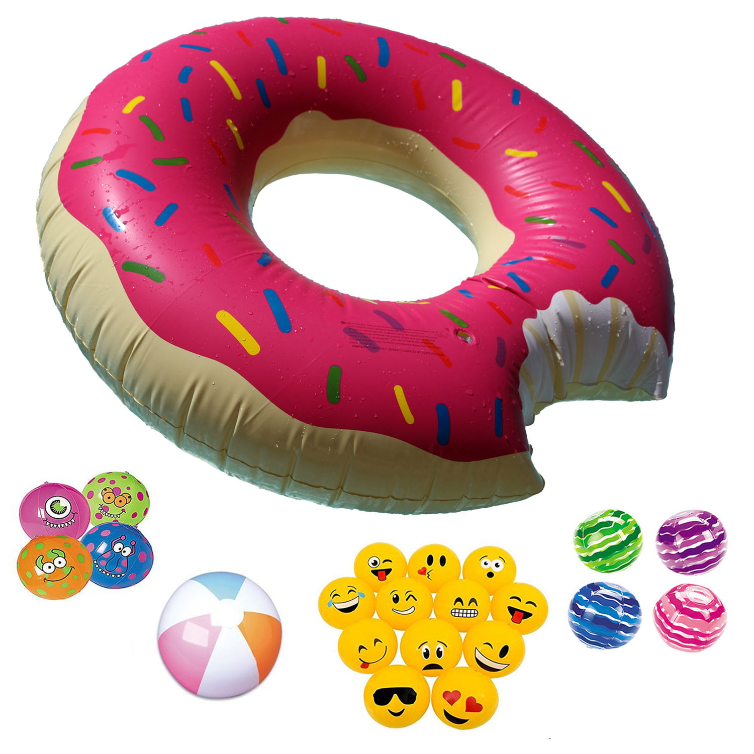 48 Inch Giant Donut Pool Float Strawberry Sprinkles Plus Bonus Beach Ball