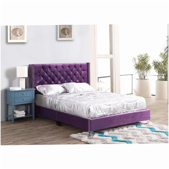Low Profile Platform Bed Frame Full Size, Purple Upholstered with Foam Padded Headboard, Modern Design