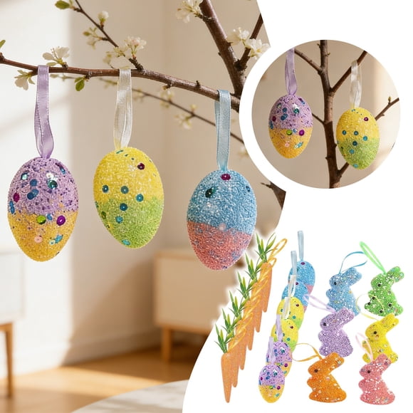 Décorations Suspendues de Lapin de Pâques Pailleté, Œuf, Carotte pour Espaces Intérieurs, Ornements en Mousse Légère pour Fête Festive