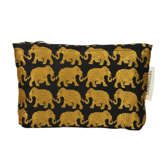Unique Bargains 1 Pc Multi-functional Elephant Handheld Makeup Bag for Vacation Large Black Gold Tone Polyester