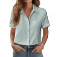 thumbnail image 7 of Solid Button Down Shirts for Women Short Sleeve Bust Pocket V Neck Collared Shirts Summer Business Casual Work Tops, Light Blue XXL, 7 of 7