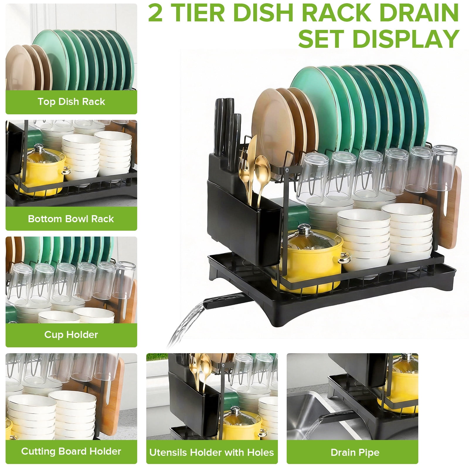 Yucurem 2-Tier Stainless Steel Dish Drying Rack with Auto Drainage, Kitchen Dish Drainer, with Utensil Cups Holder, Cutting Board Holder