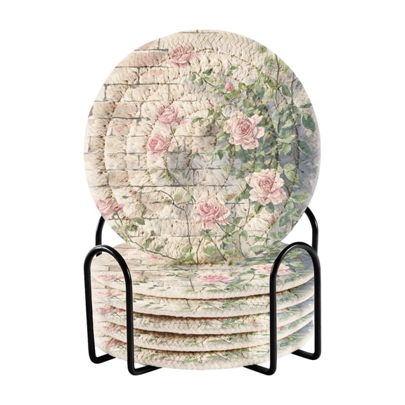 Haosy Set of 6 Drink Woven Coaster with Holder Heat Resistant Non-Slip Bar Coasters 4 Inches Pink Roses Climbing on Wall