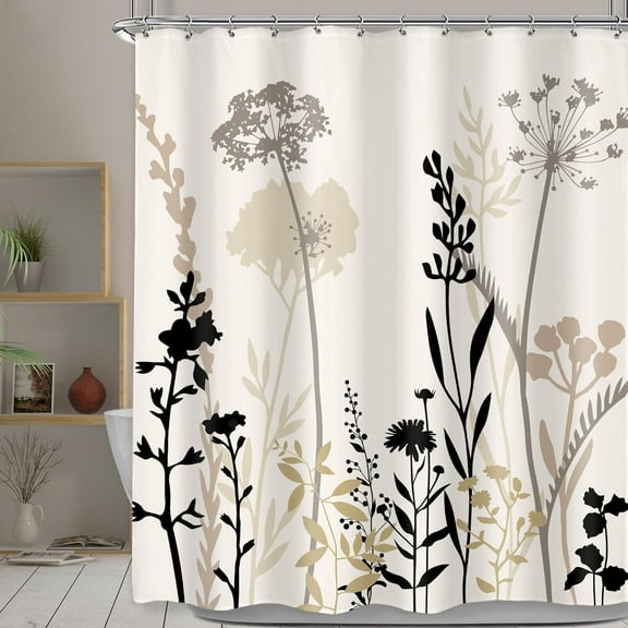 Beige Cream Floral Shower Curtain 60x72 Inch Taupe Brown Silhouette Wildflower Rustic Boho Plant Botanical Vintage Abstract with 12 Plastic Hooks Fabric Waterproof Toilet Accessories Decor