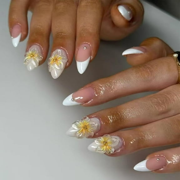 White French Tip Press on Nails Gold Line Fake Nails Medium Almond False Nails with Design Nude Glue on Nails Artificial Acrylic Full Cover Glossy Stick on Nails for Women Manicure 24Pcs MH23 0.04 Fl