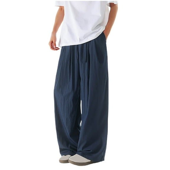 hotojiny Mens Drawstring Pants Summer Quick Dry Elastic Waist Baggy Trousers Solid Color Wide Leg Flowy Beach Pants with Pockets