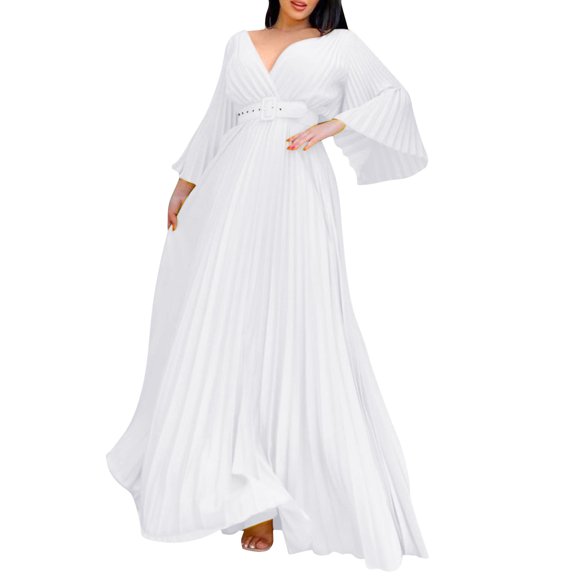 DHFJKG Party Dresses For Women Deep V Neck Pleated Evening Dress Flared Long Sleeve Belted Maxi Prom Ball Gown Formal Wear Versatile Dresses