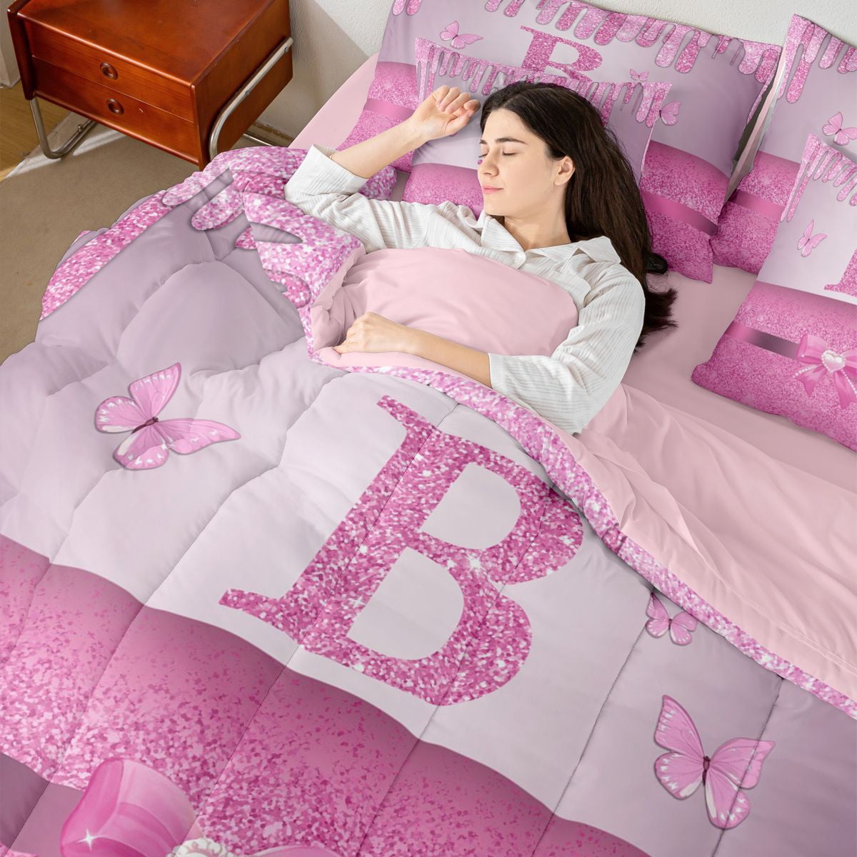 Manfei Letter Monogrammed B 7-Piece Bedding Comforter Set for Kids Children Girls,Dreamy Princess King Bedding Sets,Cute Butterfly Bowknot Ultra Soft Bed Sheets,Bling Glitter Bedroom Decor