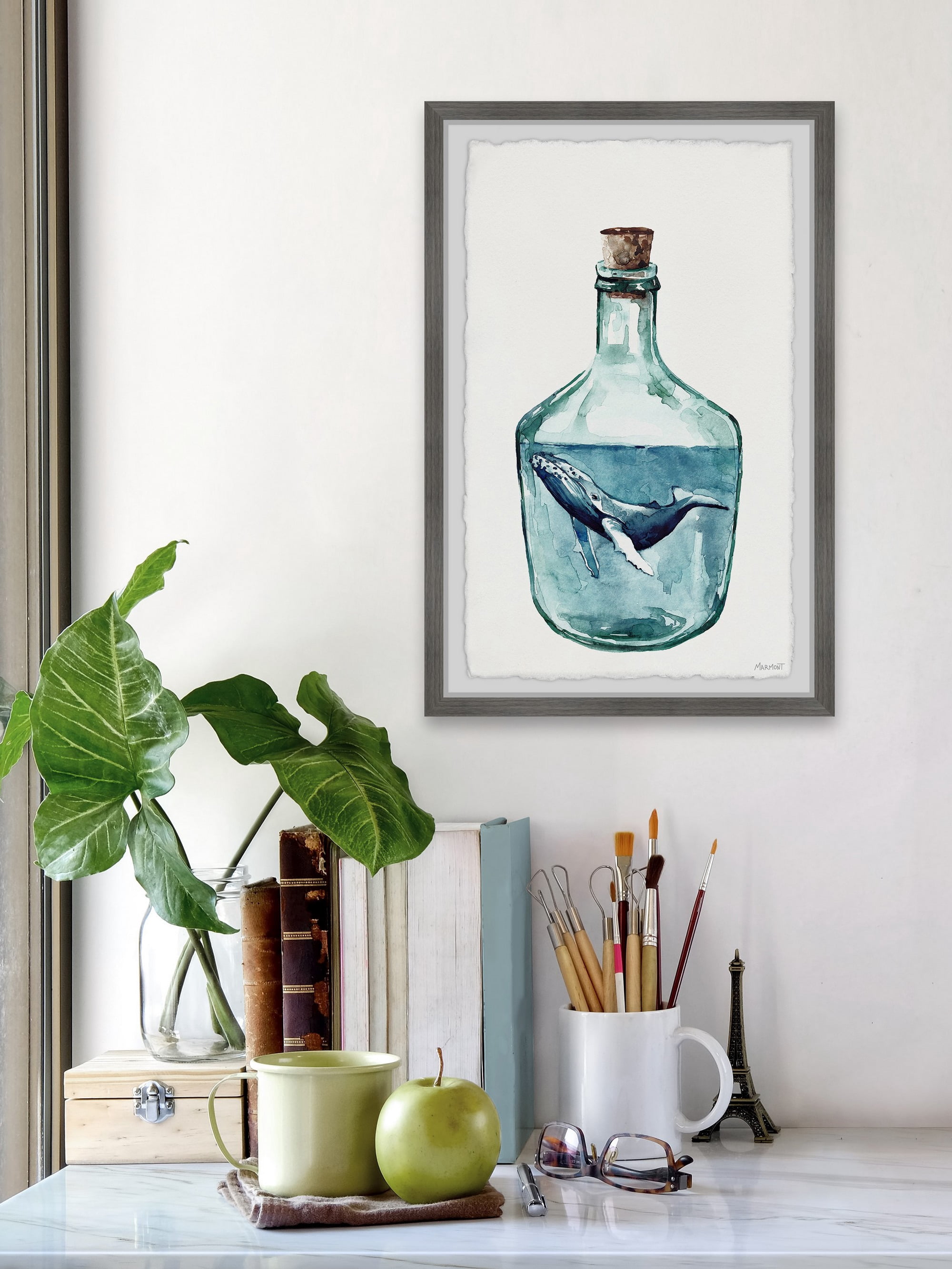 Marmont Hill Whale in the Bottle Framed Wall Art, 1.50" x 8.00"