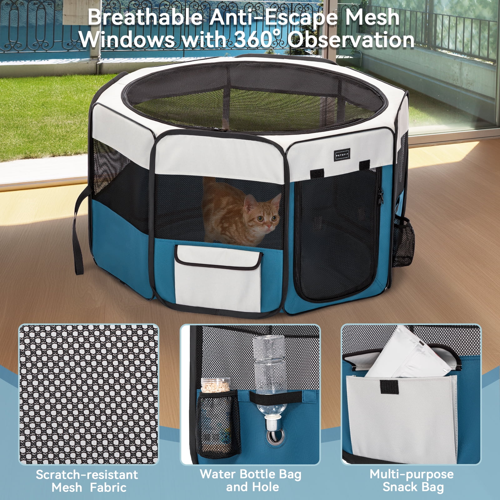 PETSFIT Portable Dog Playpen,36" Dog Play Pen Indoors with Removable Waterproof Mat & Zippered Roof | RV, Camping, Travel Dog Pen | Whelping & Cat Observation Space,Blue