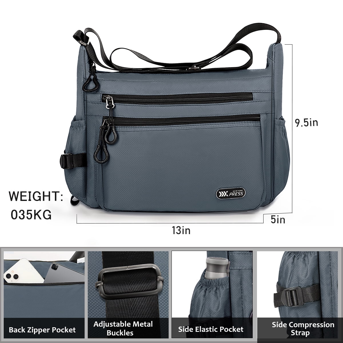 Crossbody Bag for Women Men Multi-Pocket Shoulder Purse Waterproof Lightweight Casual Travel Satchel Handbag,Grey,319