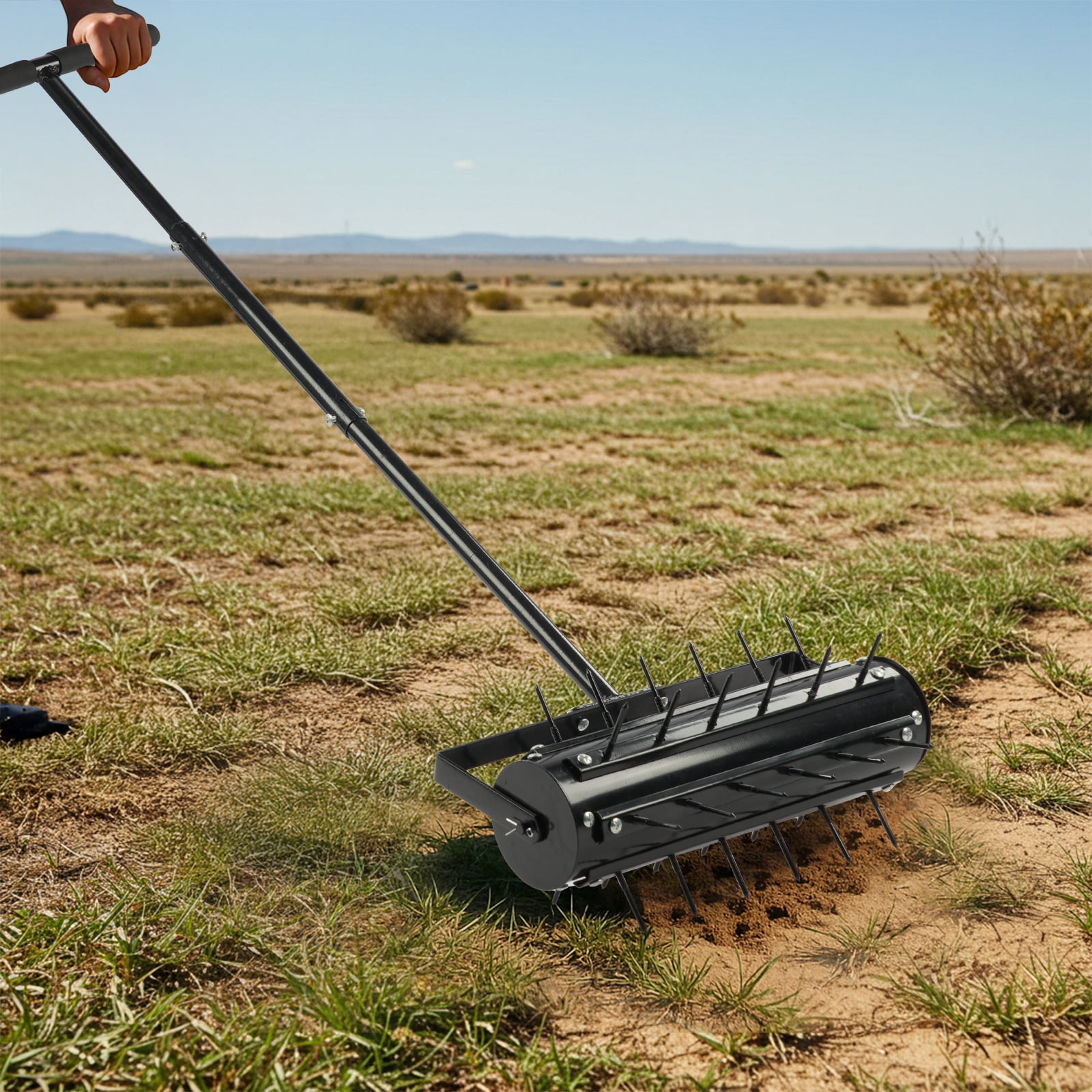 17-Inch Rolling Lawn Aerator with T-Shaped Handle, 2-Inch Steel Spikes, Galvanized Steel Frame, Universal for All Soil Types, Heavy-Duty Lawn Aeration Tool for Yard Patio Garden