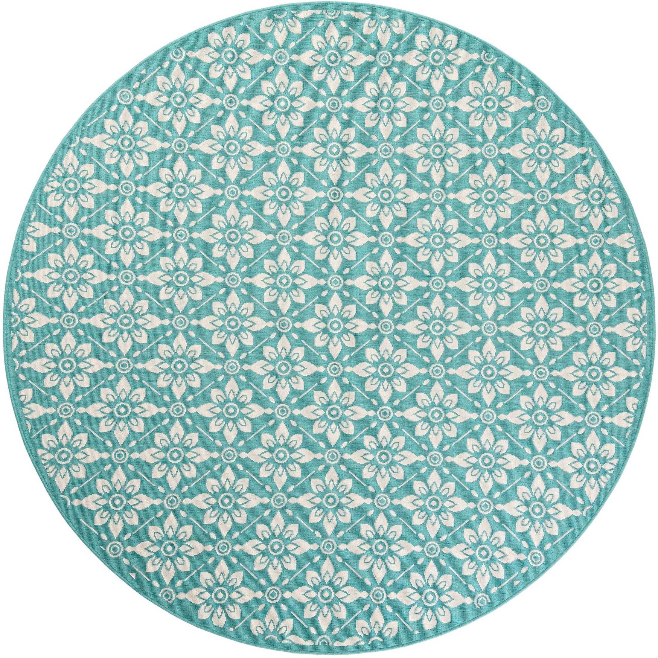 Unique Loom Outdoor Trellis Collection Area Rug - Tiles (7' 10" Round Teal/Ivory)