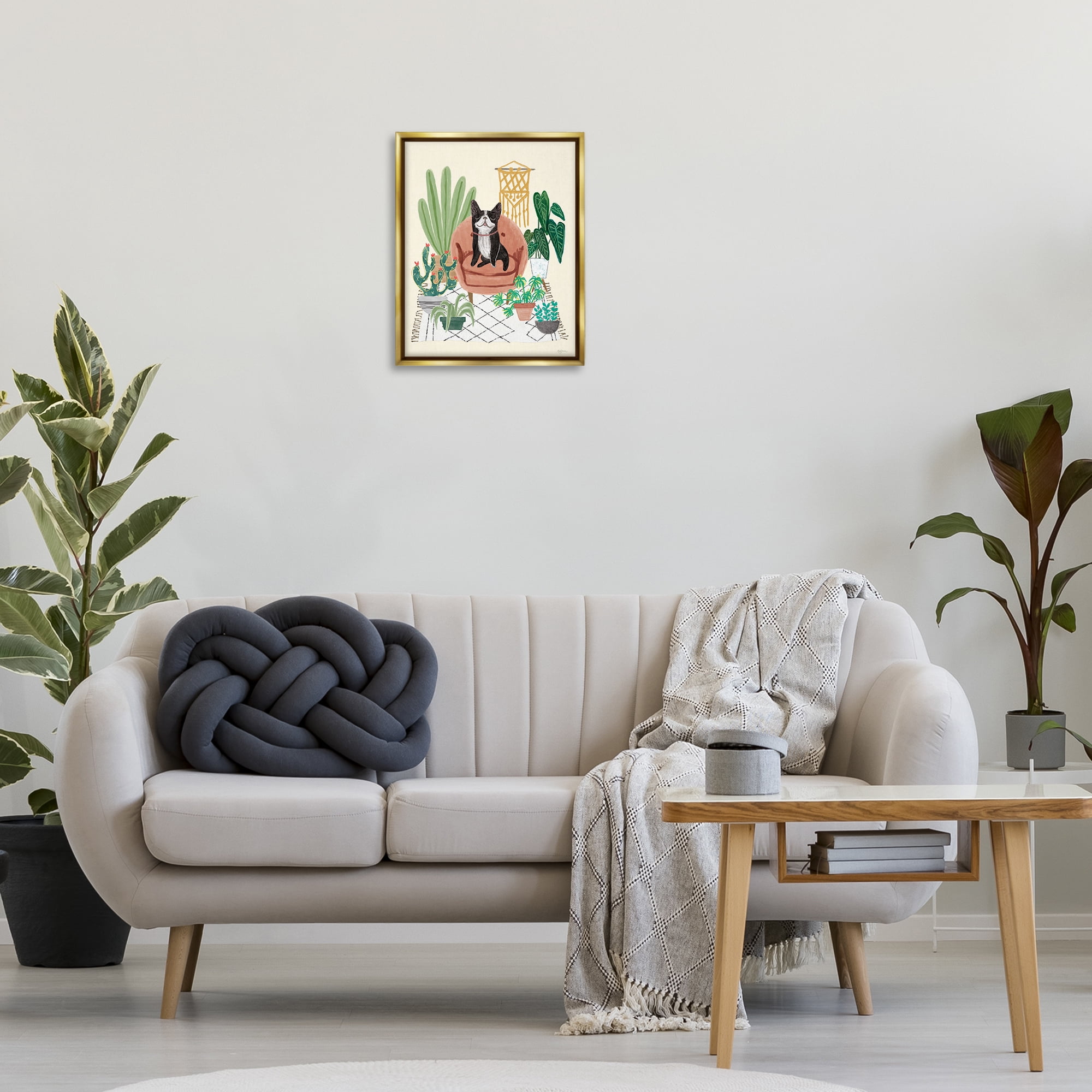 Stupell Industries French Bulldog & Plants Animals & Insects Painting Gold Floater Framed Canvas Art Print Wall Art, 17 x 21