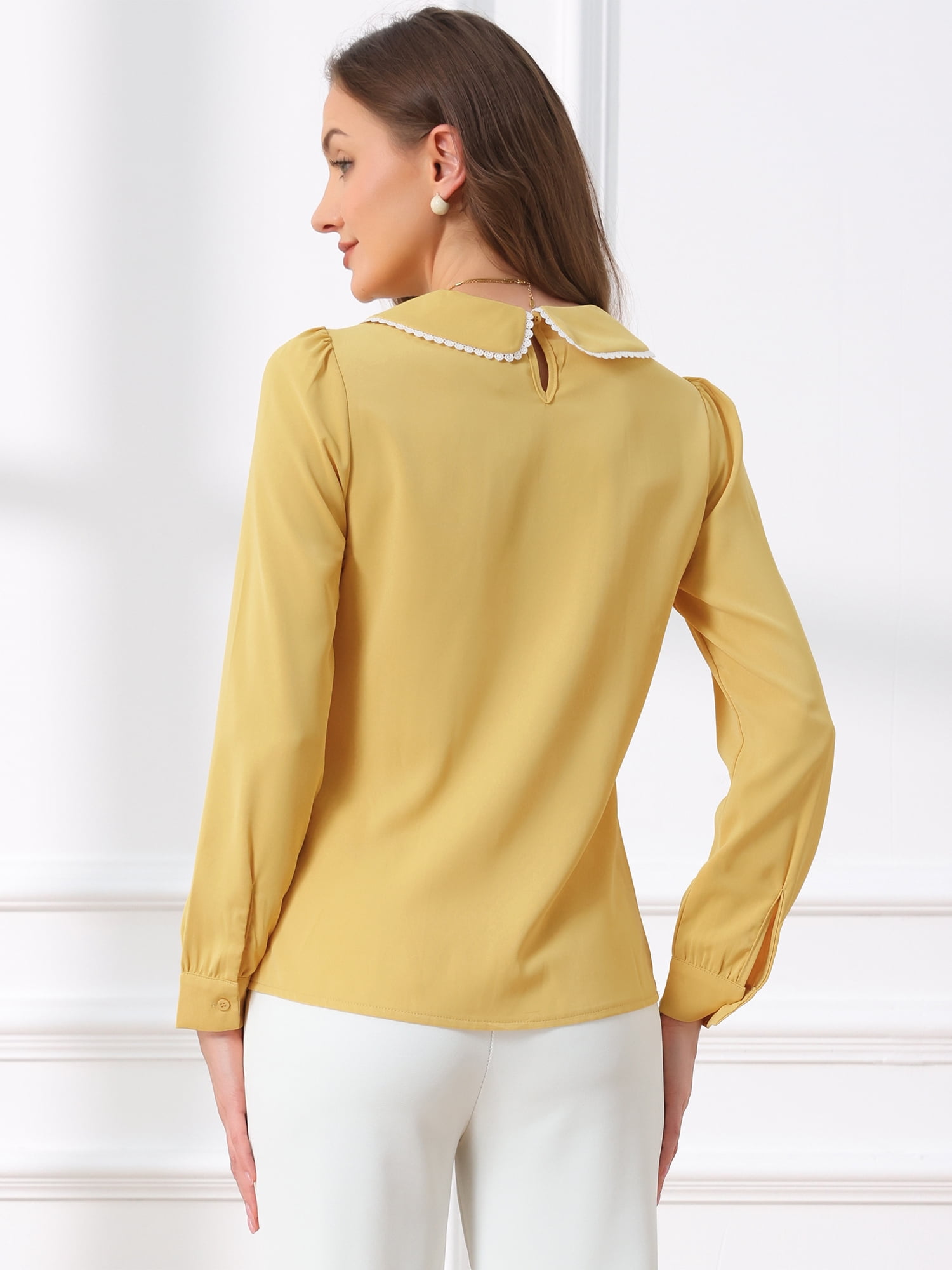 DARING DIVA Women's Peter Pan Collar Button Chiffon Blouse XS Bright Yellow