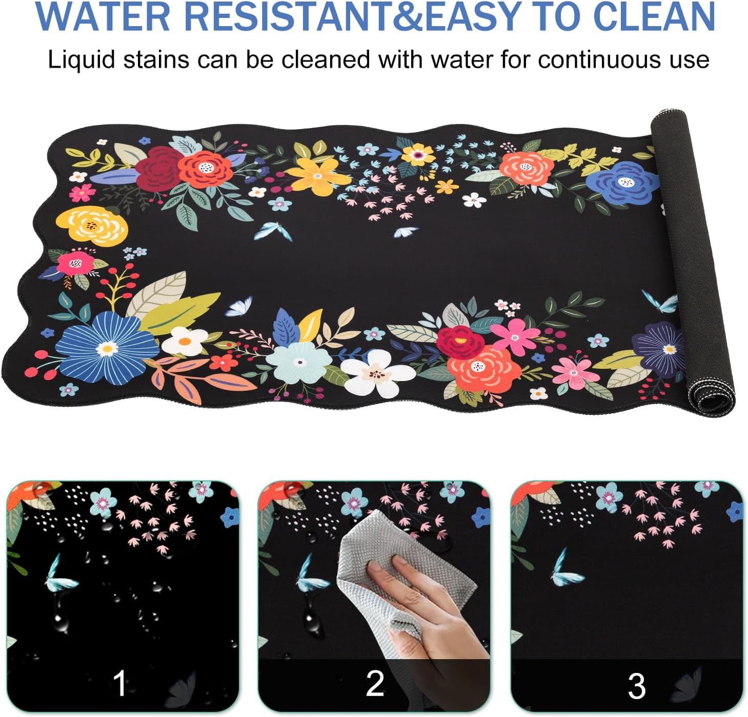 Floral Mouse Pad,Black Desk Mat XXL Large Scalloped Gaming Mousepad,35.4x15.7in Non-Slip Rubber Base Keyboard Pad Waterproof Desktop Mat for Laptop Computer Game Home Office-Black Floral