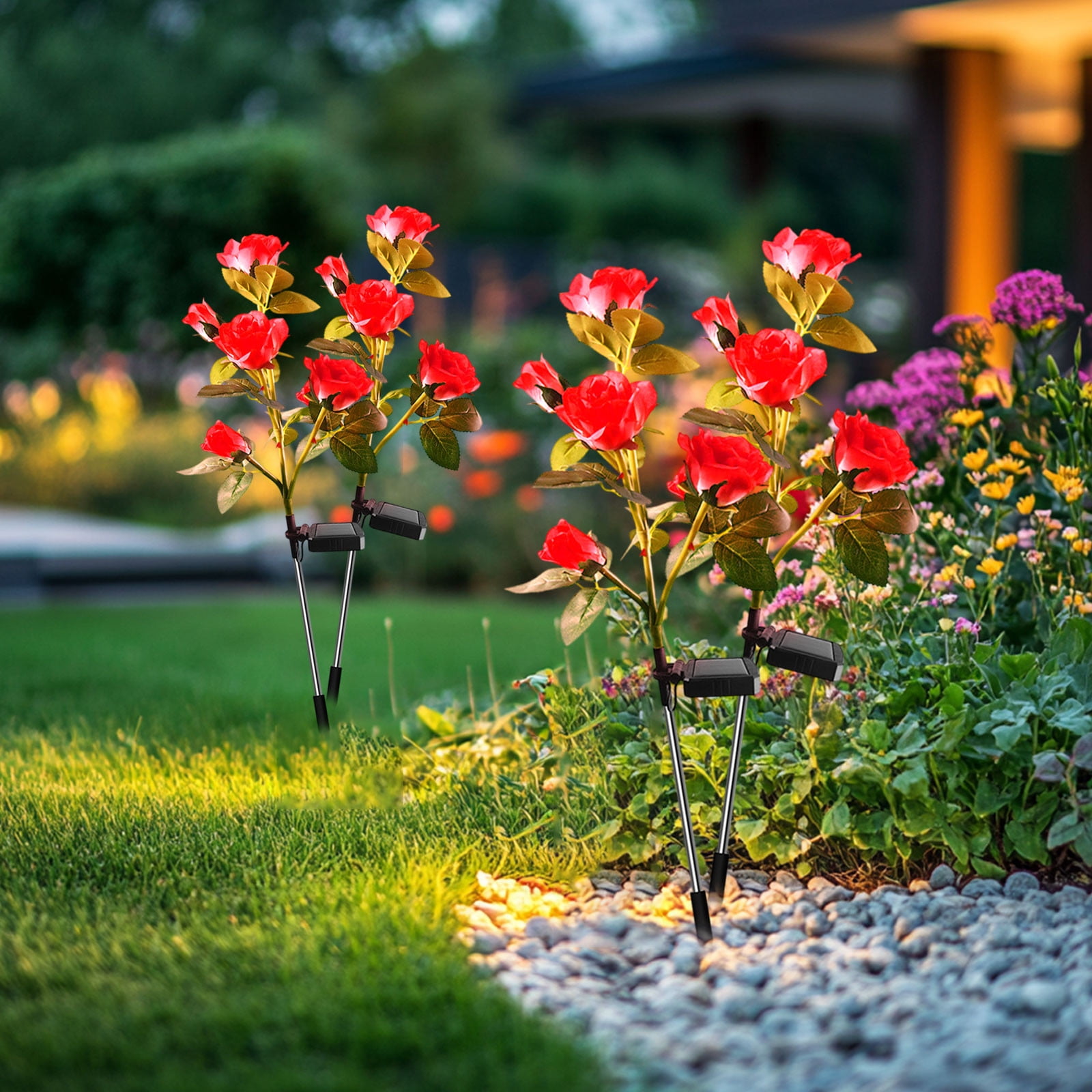 Uiz Merueh Solar Garden Lights, Solar Outdoor Lights with More Realistic 10 Rose Waterproof Solar Powered Flowers for Outside Patio Yard Pathway Decorations, 2 Pack