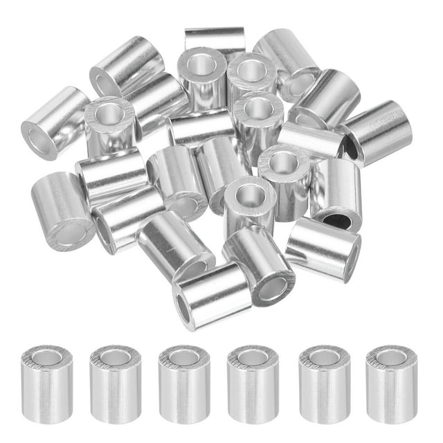 Unique Bargains 1/4' 6mm Aluminum Crimping Loop Sleeve Single Round Ferrule for Wire Rope Cable Line End, Silver 25 Pack