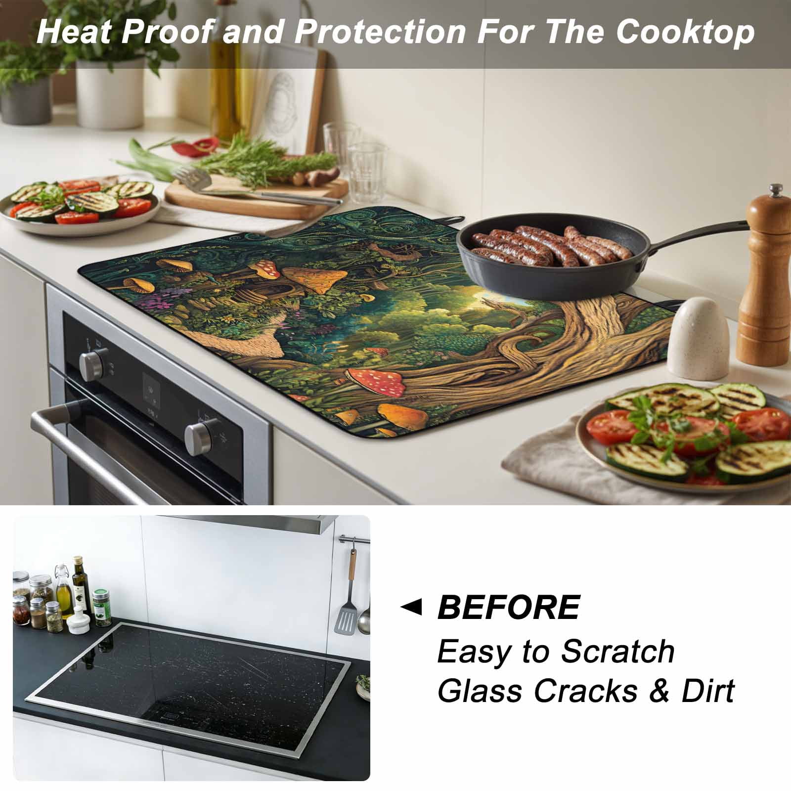 Forest Stove Top Cover for Electric Stove, Heat-proof & Non Slip Glass Top Stove Cover Protector, Vintage Cottage Mushroom Tree Floral Green Kitchen Flat Cooktop Rubber Mat 24x21 Inches
