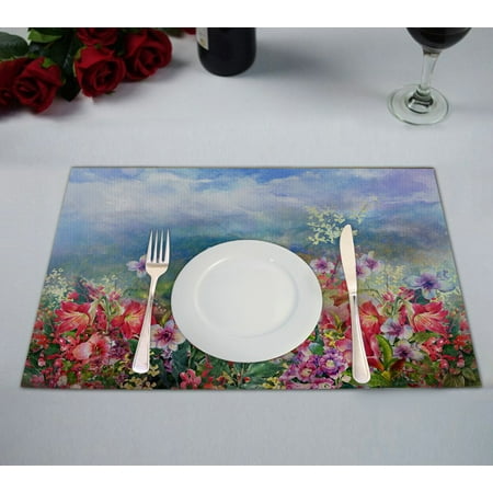 

GCKG Landscape of Multicolored Flowers Placemat Watercolor Floral Placemat 12x18 Inch Set of 2