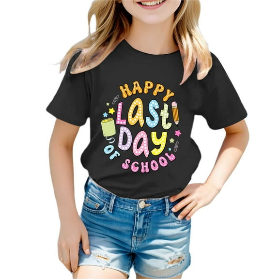 WOYY Last Day of School T-Shirt for Girls Letter Print Short Sleeved T-Shirt, Sizes 3-13