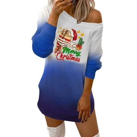 

KmaiSchai Knee Length Dress Womens Fashion Casual Christmas Print Off Shoulder Long Sleeve Sweatshirt Dress Rayon Nightgown Loose Dress For Women