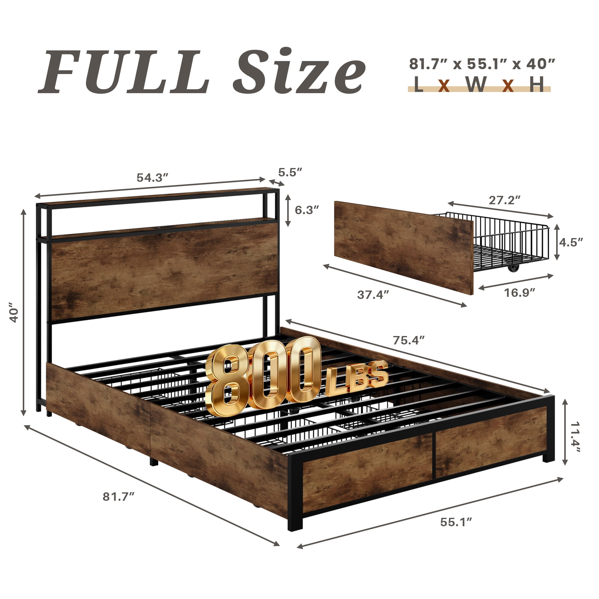 Bolvdo Full Size Bed Frame with Bookcase Headboard, Charging Station & Storage Drawers, Heavy-Duty Metal Support, Vintage Brown