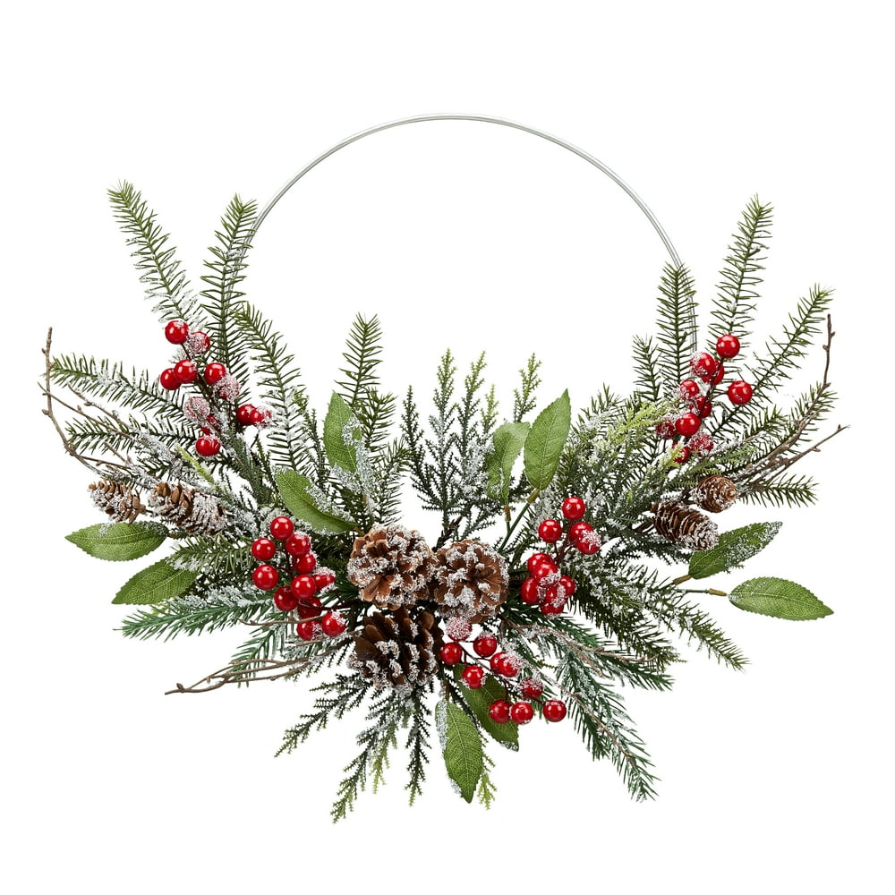 Holiday Time Flocked Evergreen and Metal Ring Wreath, 16"