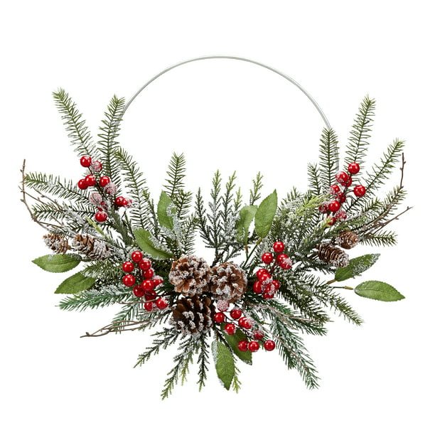 Holiday Time Flocked Evergreen and Metal Ring Wreath, 16