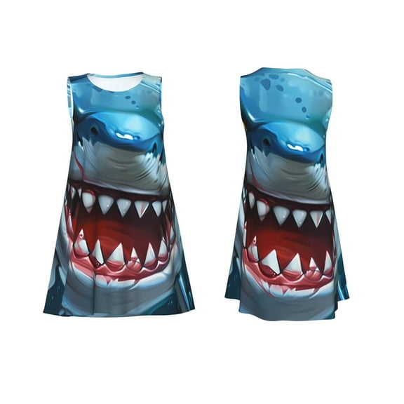 Horeoi Cartoon Cute Shark Print Women's Sleeveless Dress Cotton-like Flared Hem Deep Side Pockets Above-Knee