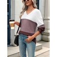 thumbnail image 4 of Women Fall Sweaters Casual Long Sleeve Ribbed Knit V Neck Light-Weight Crochet Pullover Sweater Brown Grey L, 4 of 7
