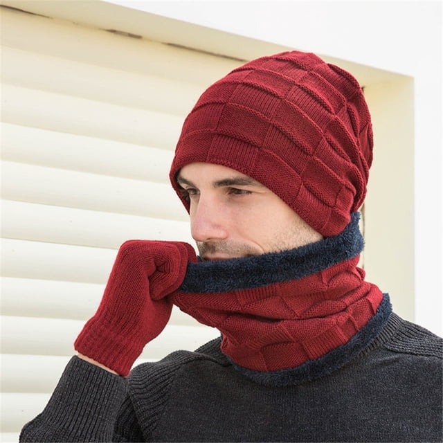 Ensemble Chapeau d'Hiver pour Hommes avec Col, Bonnet et Gants en Velours Épais, Foulard, Chapeau, & Gants, Bonnet d'Hiver, Foulard, Gants Rouges