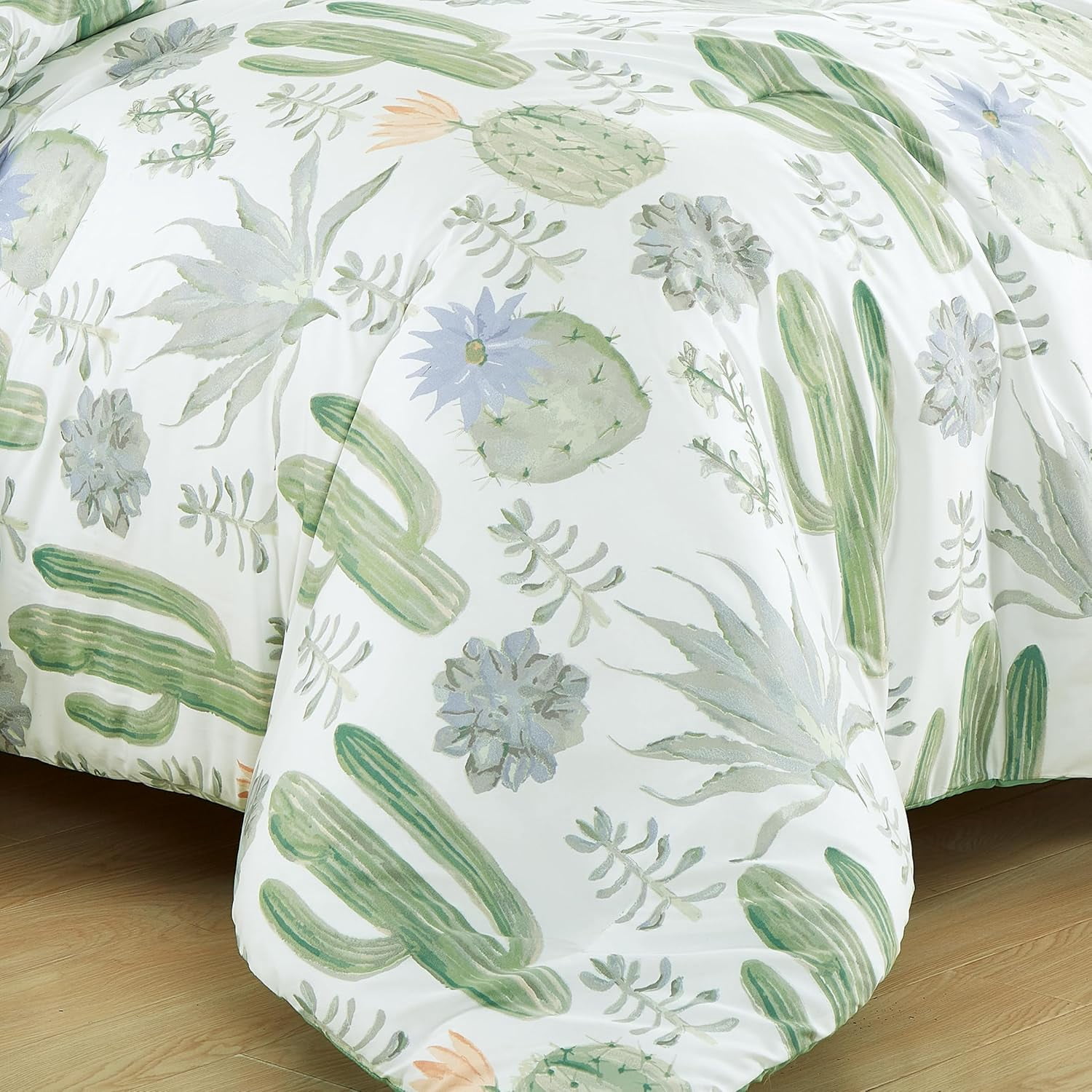 Chezmoi Collection Cereus 3-Piece Southwestern Serene Desert Comforter Set, Green Blue Cactus Succulent Plant Printed Washed Microfiber Bedding, Queen