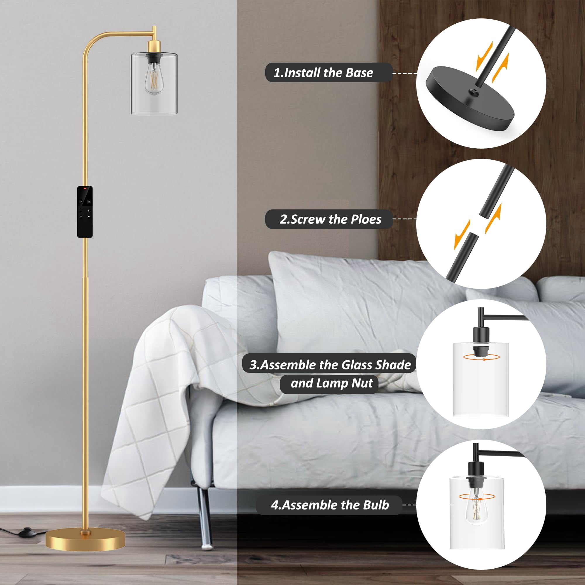 Industrial Floor Lamp With Glass Shade  Modern Dimmable Remote Led Bulbs Tall For Living Room Corner Bedroom Office (gold)