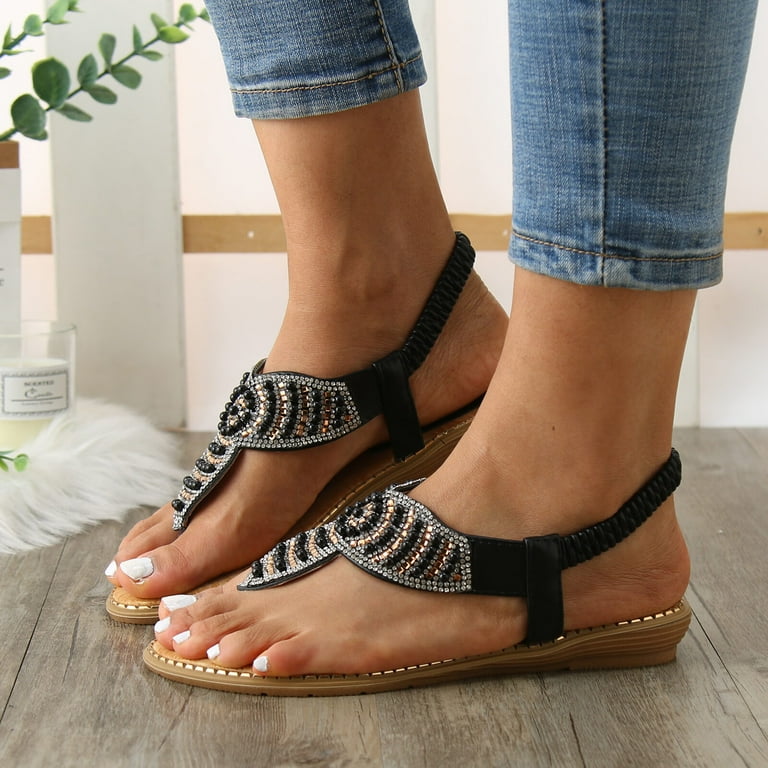 Sandals Women Women Flat Sandals Summer Boho Rhinestone Dress