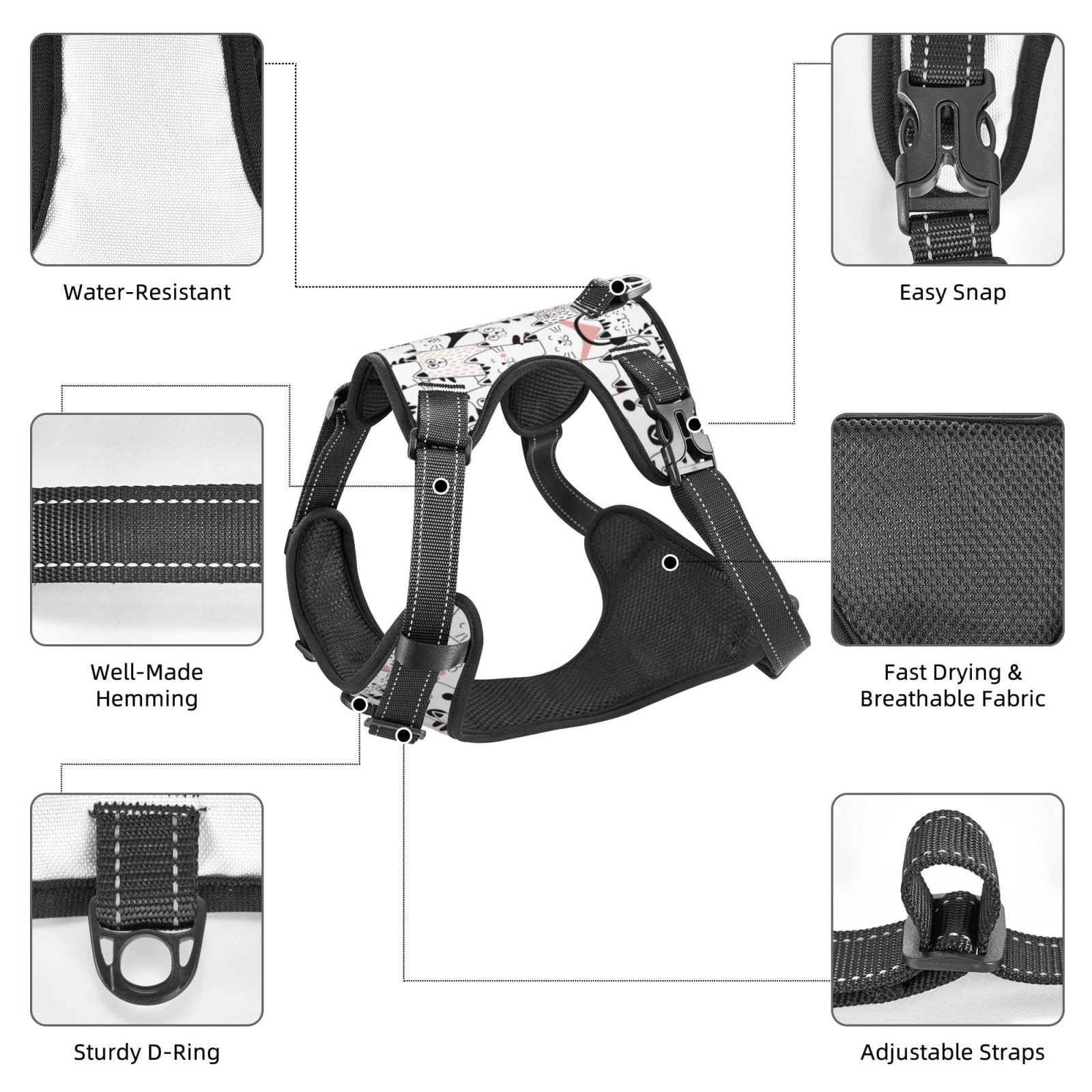 Vsdgher Cute Cat Pattern Dog Harness,No Pull Pet Harness with Soft Padded Handle,Adjustable Reflective Vest with 2 Buckles,4 Slide Buckles,S-XL X-Large