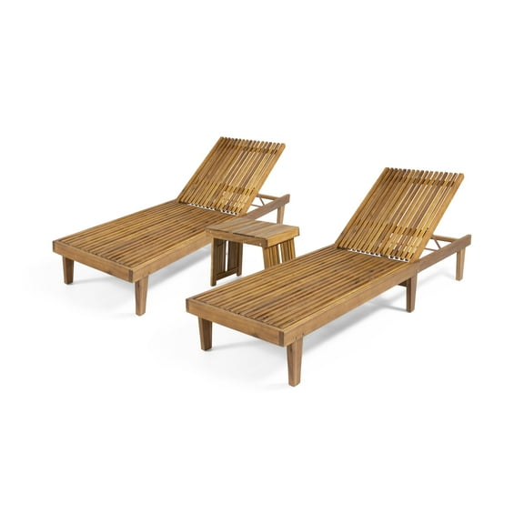 GDF Studio Teresa Outdoor Acacia Wood 3 Piece Adjustable Chaise Lounge Chat Set, Teak
