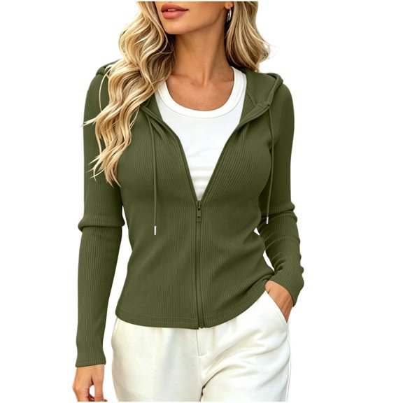 jjayotai Women's Hoodie Crop Zip up Knit Fall Jacket Tops Slim Fitted Long Sleeves Sweatshirt with Pockets