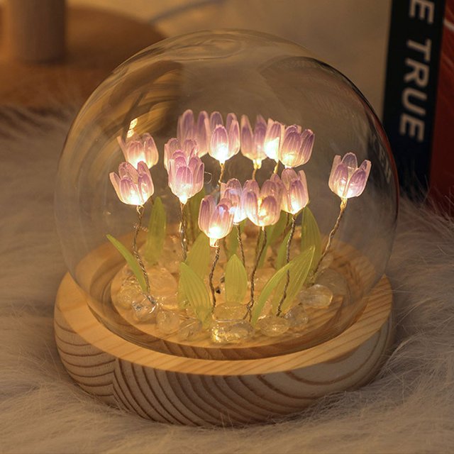 Luz de ambiente de escritorio con luz nocturna de cristal de tulipán con cubierta de cristal de 9 flores de cuatro colores