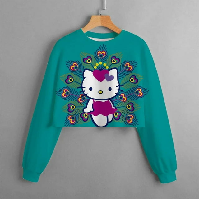 Haut à Manches Longues Col Rond Court pour Filles Hello Kitty Imprimé Ballon Dessin Animé Vêtements de Printemps et Automne Chandail Décontracté pour Enfants